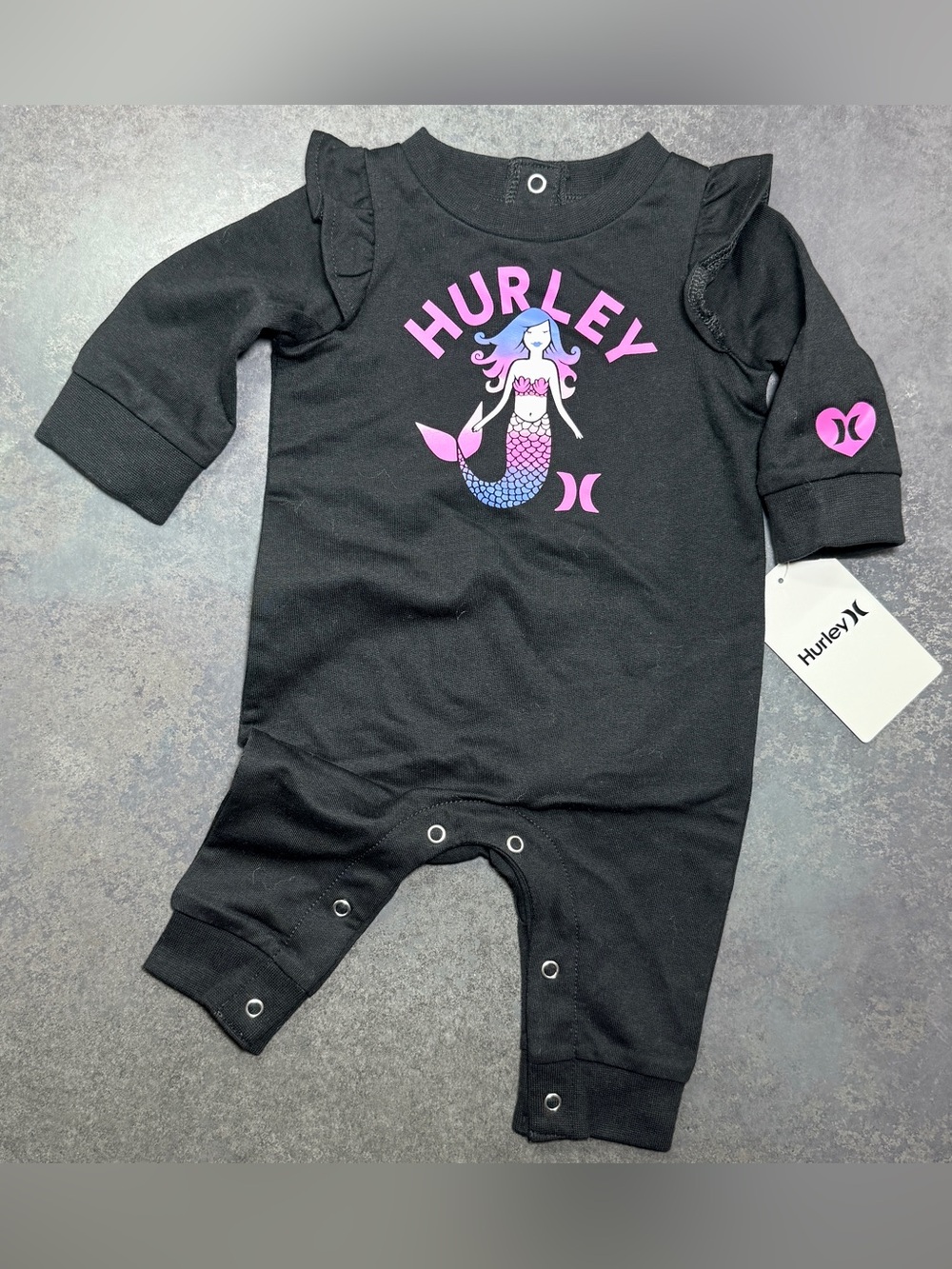Hurley Mermaid Romper 3M Black NWT Ruffle Sleeve One Piece Baby Girl